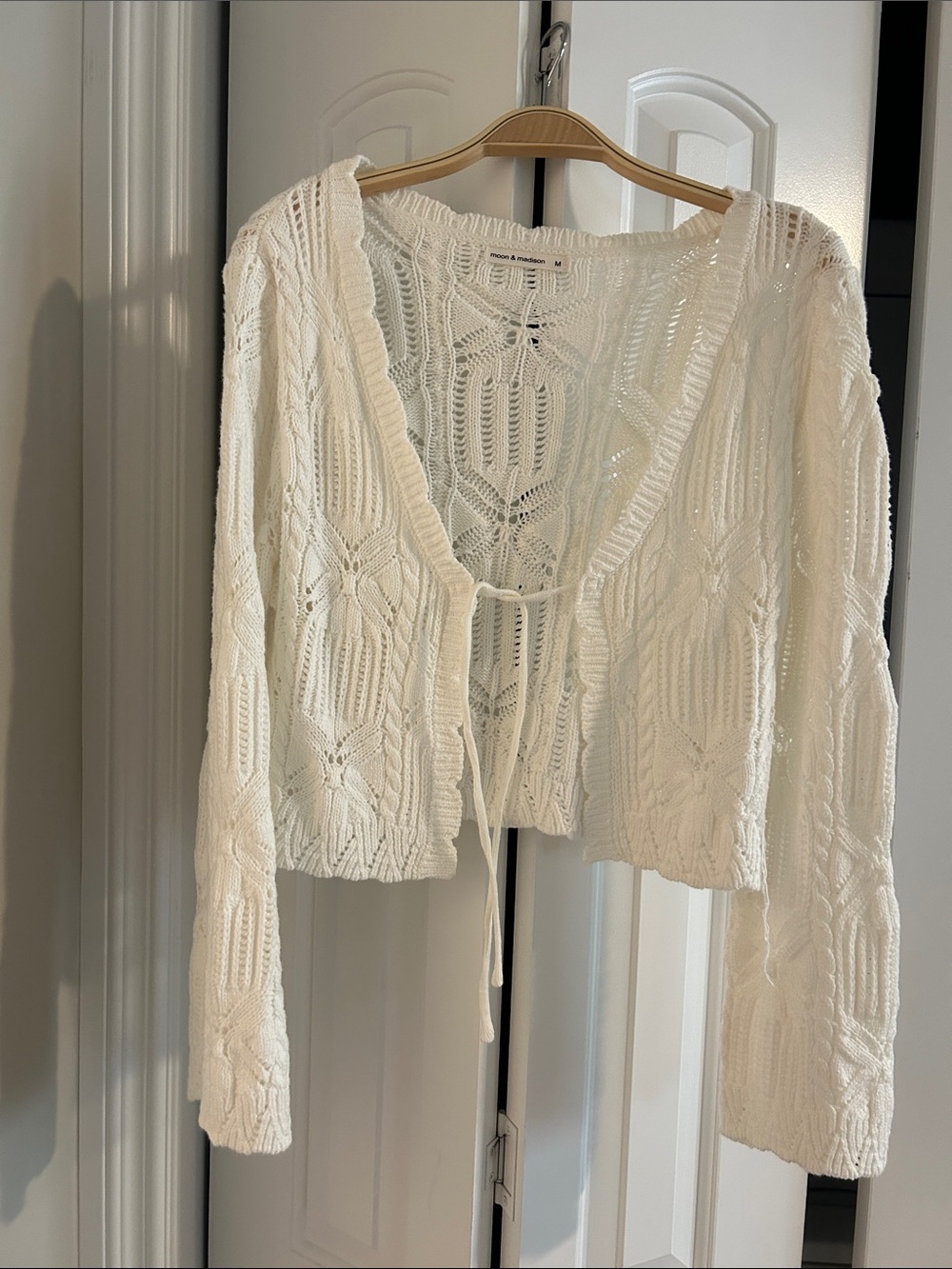 moon & madison White Crochet Tie-Front Cardigan